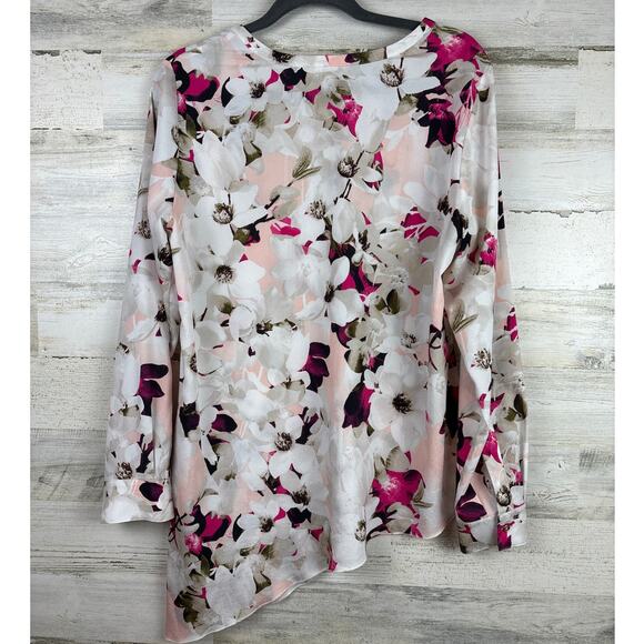 Calvin Klein womens medium Chiffon floral Blouse Roll Tab Sleeve Asymmetrical - Picture 2 of 5